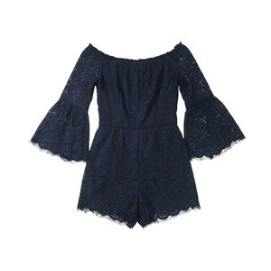 Freda Marie Lace Off-the-Shoulder Romper Women’s Medium Black & Navy